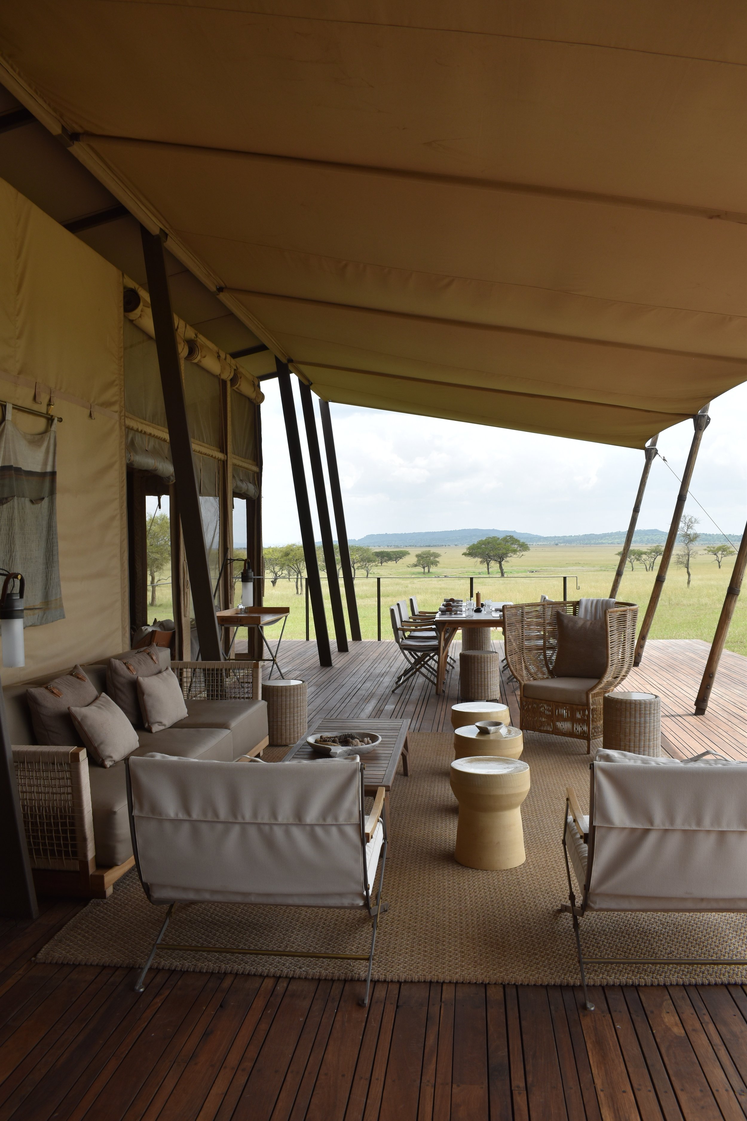 A shaded lodge patio on safari.