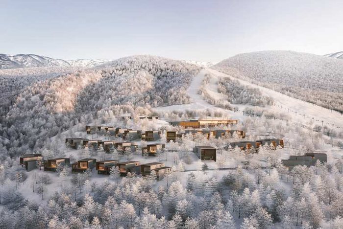 A snowy hillside village of lodges at Aman Niseko.