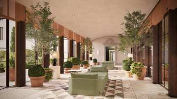 A plant-lined loggia at Capella Florence.