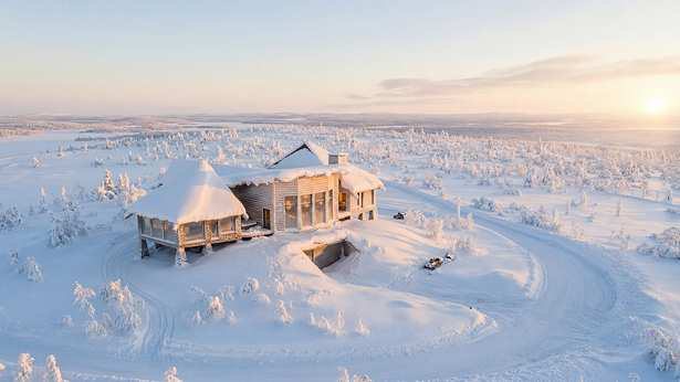 A private wilderness lodge deep in snow-covered Lapland.